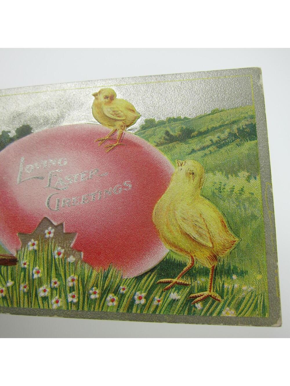 Easter Postcard Rabbits & Yellow Chicks Red Colored Egg Embossed Antique 1911 - Picture 4 of 14